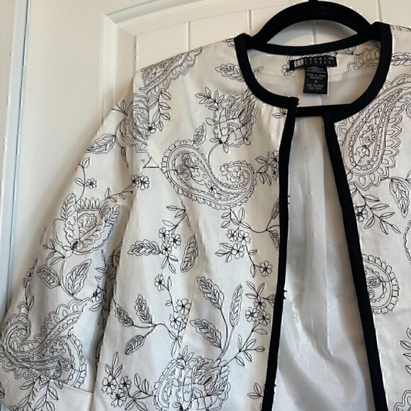 VINTAGE 90s Carole Little 100% Cotton Blazer Suit Jacket White Black Floral S - Picture 2 of 10